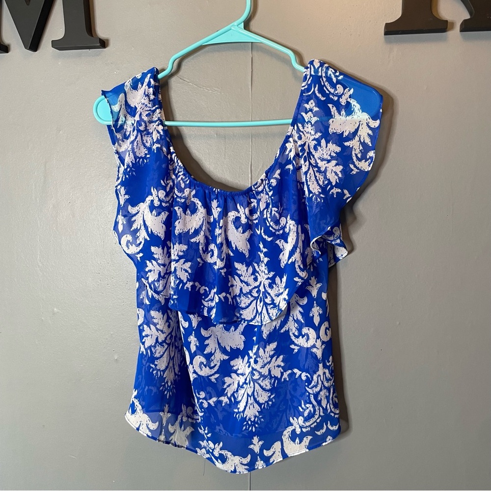Show me your MuMu Sheer Blue Floral off the shoulder Women's Top size small